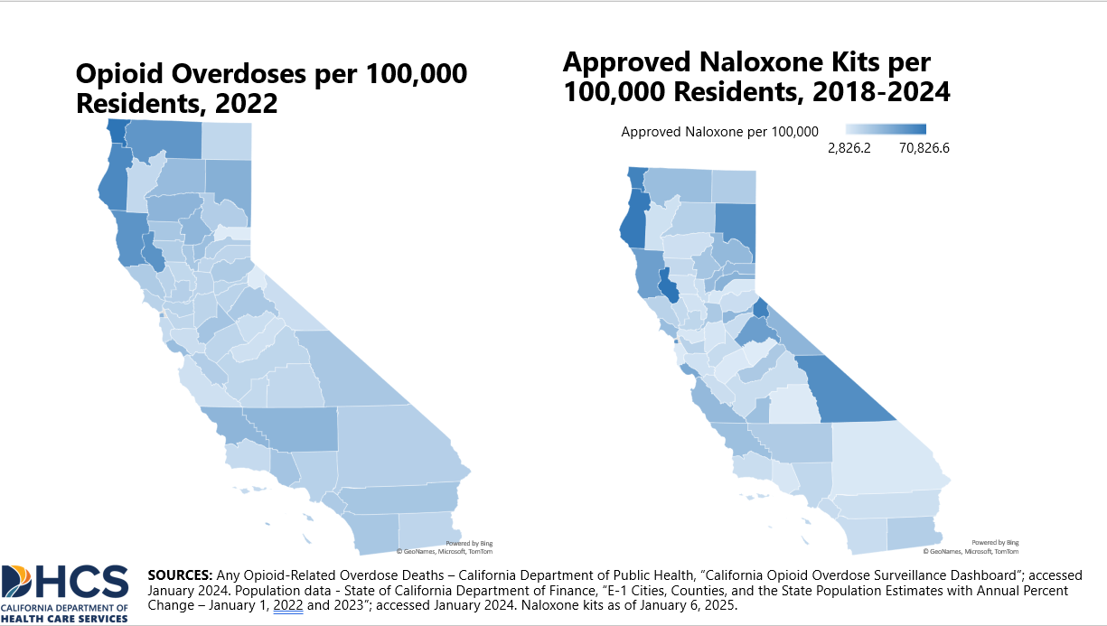 A chart showing Opioid Overdoses and Approved Naloxone by County