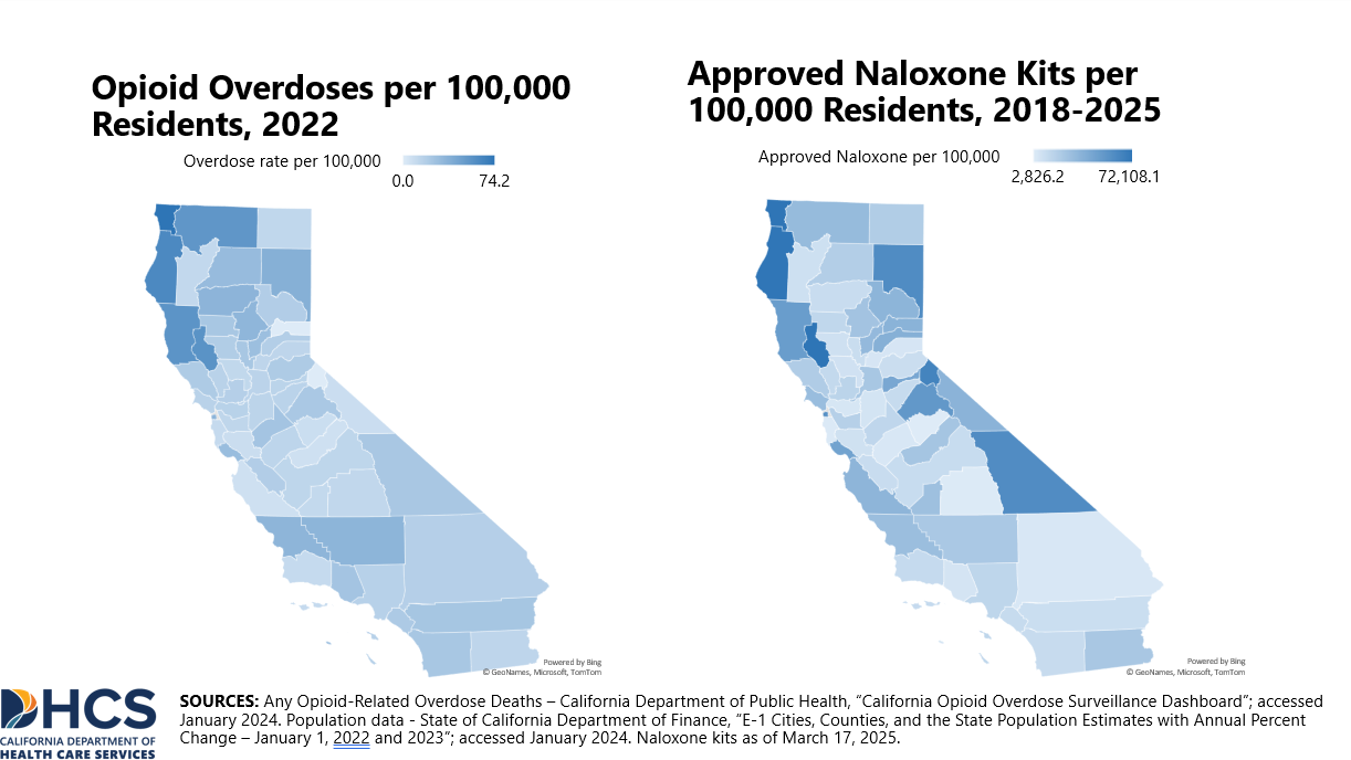 A chart showing Opioid Overdoses and Approved Naloxone by County